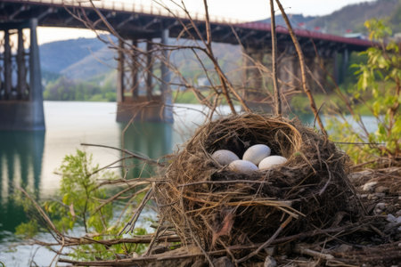 a birds nest in ruins, bridge in the background, created with generative aiの素材