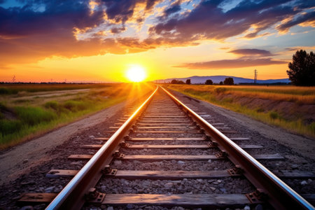 train tracks snaking away into a sunrise or sunset, created with generative aiの素材