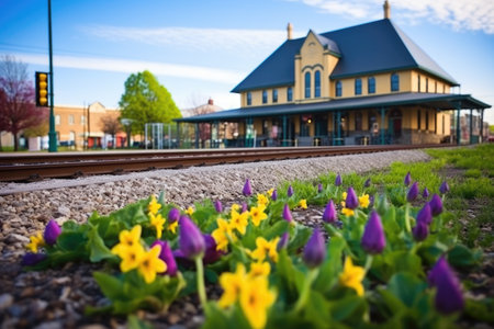 a quaint train station amidst spring flowers, created with generative aiの素材