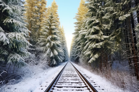 snow covered train tracks with pine trees alongside, created with generative aiの素材