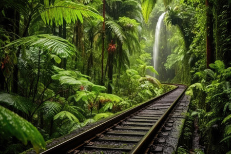 railway through a lush rainforest with a waterfall in the background, created with generative aiの素材