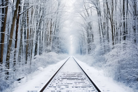 railway through a dense snow-covered forest, created with generative aiの素材