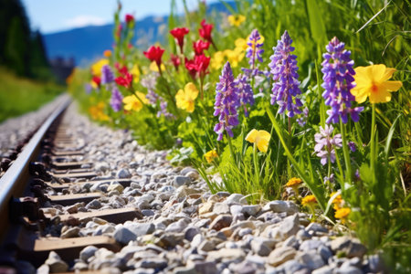 close-up of railway tracks amid colorful wildflowers, created with generative aiの素材