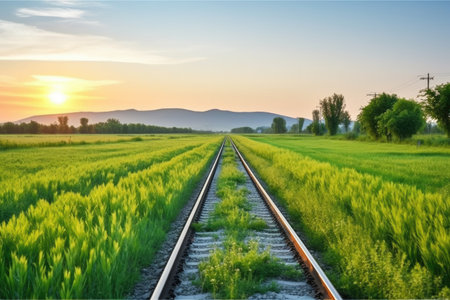 railway across a lush green plain at dawn, created with generative aiの素材