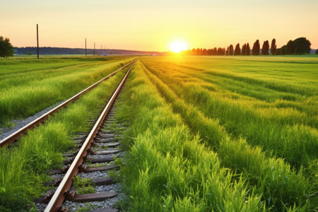 railway across a lush green plain at dawn, created with generative aiの素材