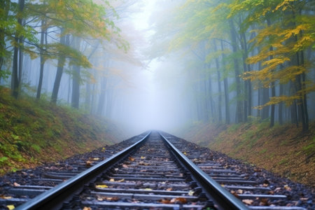 rail track disappearing into foggy forest, created with generative aiの素材