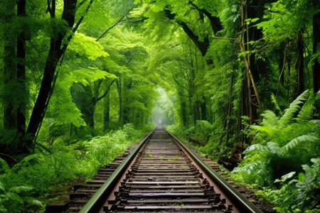 train track vanishing into a dense canopy of trees, created with generative aiの素材