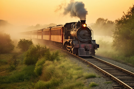 retro train engine in foggy rural scenery, created with generative aiの素材