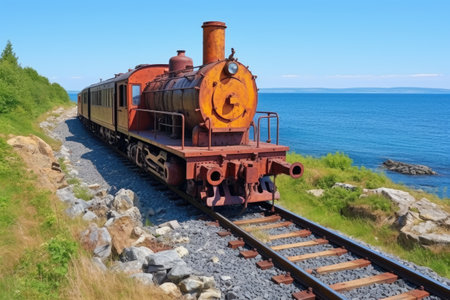 rusty locomotive on coastal railway tracks, created with generative aiの素材