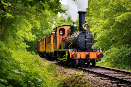 steam engine on a railway track, puffing smoke, created with generative aiの素材