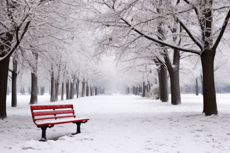 snow covering a park bench on a college campus, created with generative aiの素材