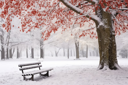 snow covering a park bench on a college campus, created with generative aiの素材
