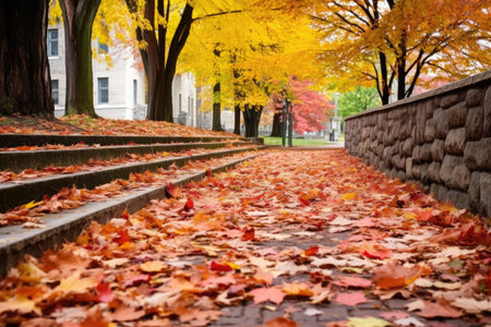 fall leaves covering a stone pathway on a university campus, created with generative aiの素材