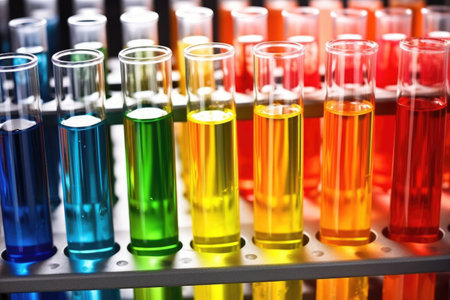 test tubes filled with colored fluids in a rack, created with generative aiの素材