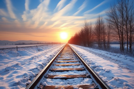 railway track running through an icy winter landscape, created with generative aiの素材