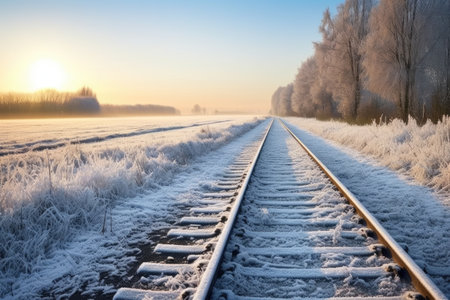 railway track running through an icy winter landscape, created with generative aiの素材