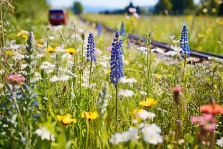 model railway set in a field of spring wildflowers, created with generative aiの素材