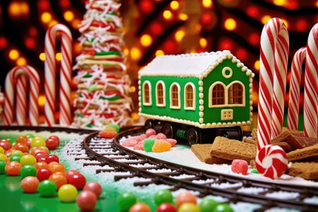 toy train surrounded by candy canes and gingerbread houses, created with generative aiの素材