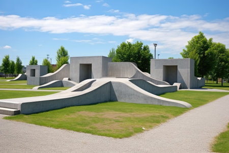a concrete skate park designed with multiple ramps, created with generative aiの素材