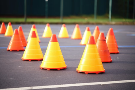 skateboarding cones arranged for practice in a school playground, created with generative aiの素材