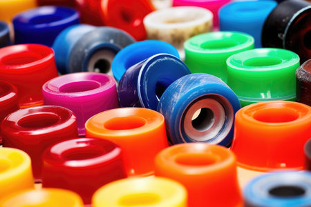 an array of different colored skateboard wheels on a clean surface, created with generative aiの素材