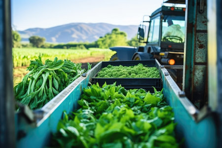a farming truck loaded with fresh produce in a farm, created with generative aiの素材
