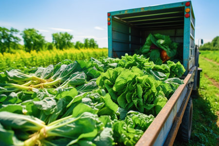 a farming truck loaded with fresh produce in a farm, created with generative aiの素材