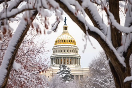 snow-covered dome of a state capitol building, created with generative aiの素材