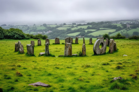 stone circle photographed during an overcast day on a hill, created with generative aiの素材