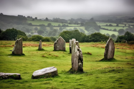 stone circle photographed during an overcast day on a hill, created with generative aiの素材