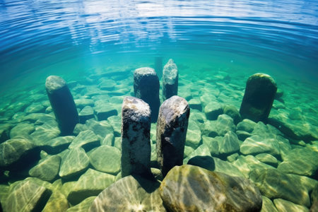 close up of a stone circle submerged in clear sea water, created with generative aiの素材