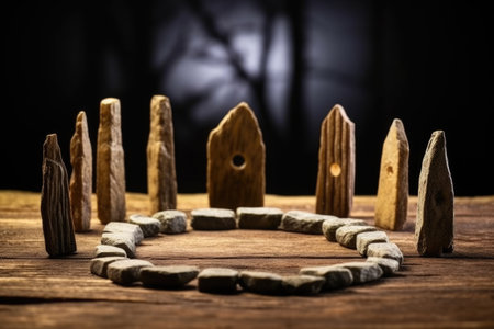 miniature stone circle on a dark wooden tabletop, created with generative aiの素材