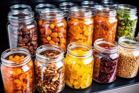 hermetic glass jars filled with dried fruits, created with generative aiの素材