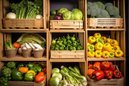 kitchen pantry filled with wooden crates of vegetables, created with generative aiの素材