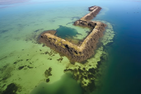 aerial view of stirred mud around underwater ruin, created with generative aiの素材