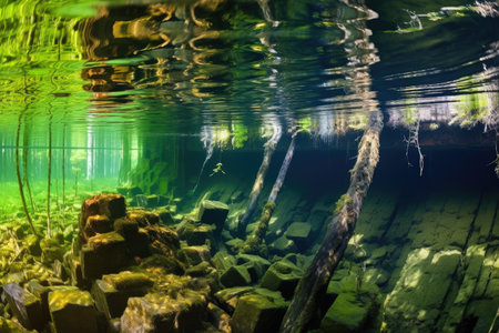 dilapidated wall submerged under crystal-clear lake, created with generative aiの素材