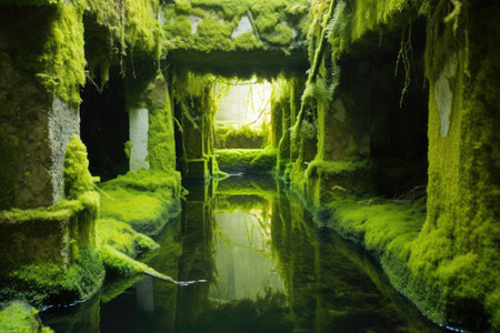 sunken stonework structures overgrown with algae, created with generative aiの素材
