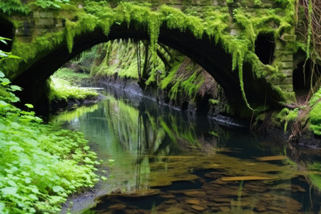 partially submerged ancient bridge in swampy water, created with generative aiの素材