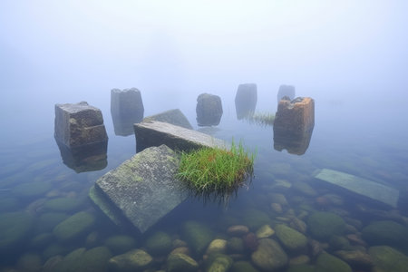 cluster of sunken stone sarcophagi in a misty lake, created with generative aiの素材