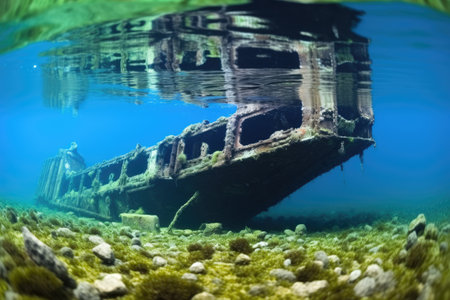 the remains of a wooden ship under lake water, created with generative aiの素材