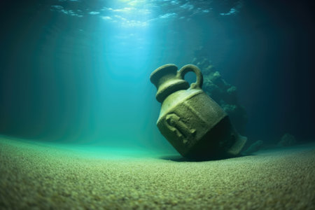 underwater image of sunken amphora in the threshold of light penetration, created with generative aiの素材