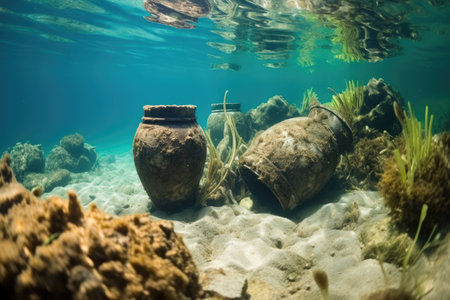 sunken urns and pottery found in shallow waters, created with generative aiの素材