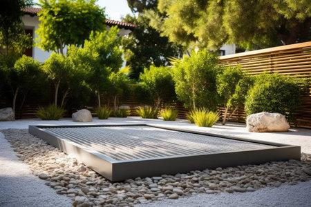 zen garden in the courtyard of a sleek, modern monastery, created with generative aiの素材