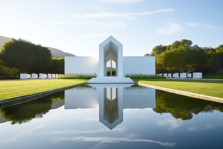 white sleek minimalist chapel surrounded by a serene pond, created with generative aiの素材