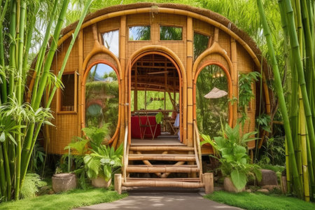 bamboo tiny house photographed in tropical environment, created with generative aiの素材