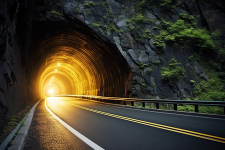 an unlit tunnel bend disappearing into darkness, created with generative aiの素材