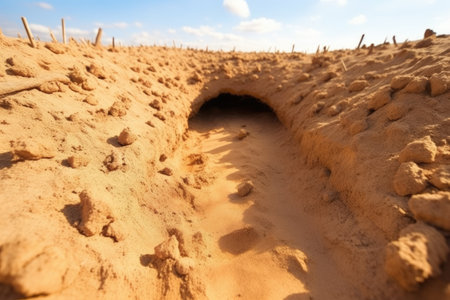 sand tunnel built by an ant colony, created with generative aiの素材