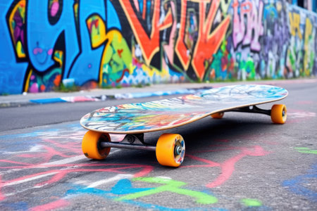 freshly painted skateboard on a graffiti-filled concrete ramp, created with generative aiの素材
