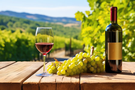 wine bottle and grapes on a wooden deck with vineyard behind, created with generative aiの素材
