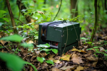 a camera trap for wildlife observation discreetly hidden in bushes, created with generative aiの素材